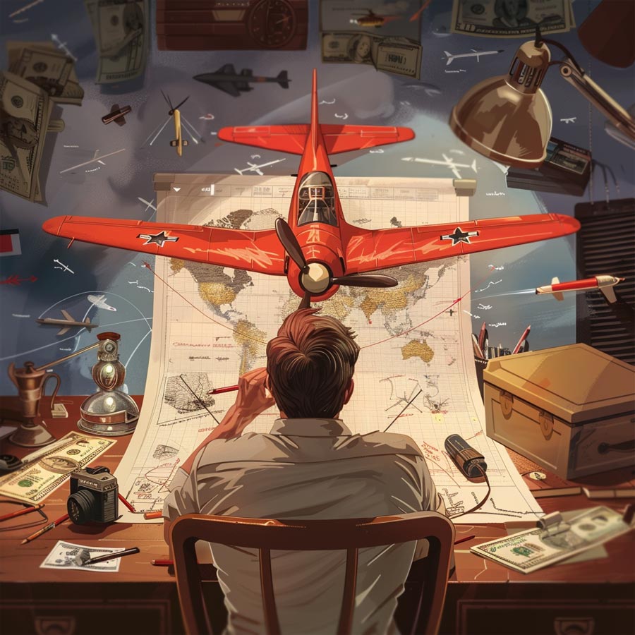 Guy working on drawings of a red plane from the game Aviator